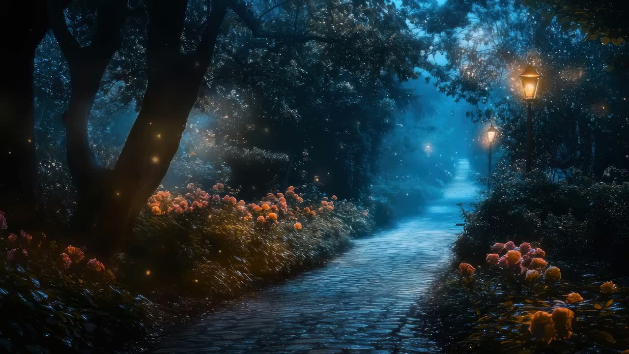 A mystical garden path at night, illuminated by lampposts and fireflies