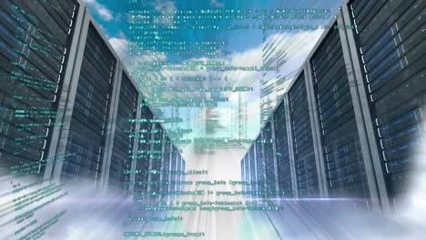 Animation-Der-Datenverarbeitung-Und-Statistik-Mit-Mehreren-Serverboxen-über-Blauem-Himmel-Mit-Wolken