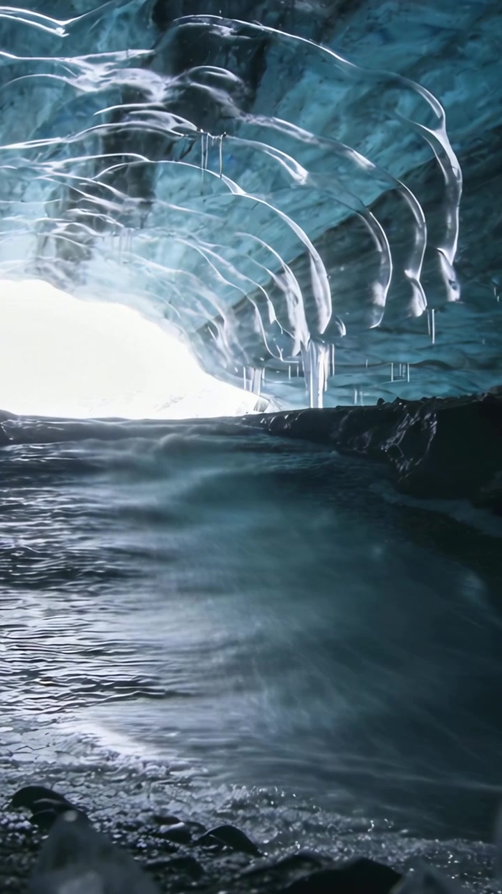 Video verticale: Ghiaccioli che gocciolano e formano goccioline in una pozza poco profonda in una grotta glaciale, creando increspature