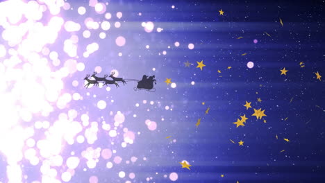 animation of snow falling and stars over santa claus in sleigh with reindeer