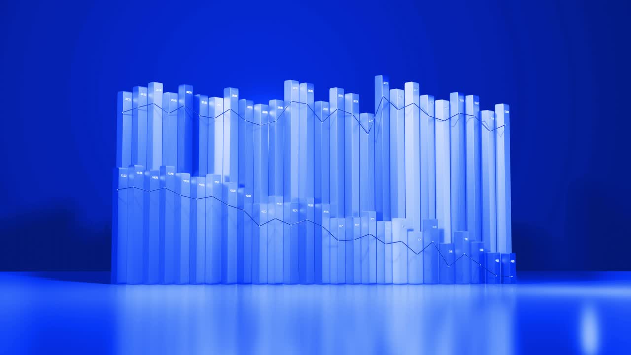 추상 인포그래픽: 위기, 침체 및 침체 개념: 기둥에서 다운그레이드 그래프: 4k 복사 공간으로 경제 루프 배경: 파란색으로 통계 데이터의 차트로 아름다운 3d 바