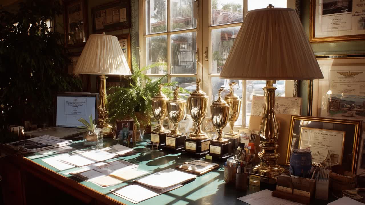 A Sunlit Workspace Adorned with Golden Trophies, Elegant Lamps, and Organized Papers Reflecting a Journey of Achievement and Dedication