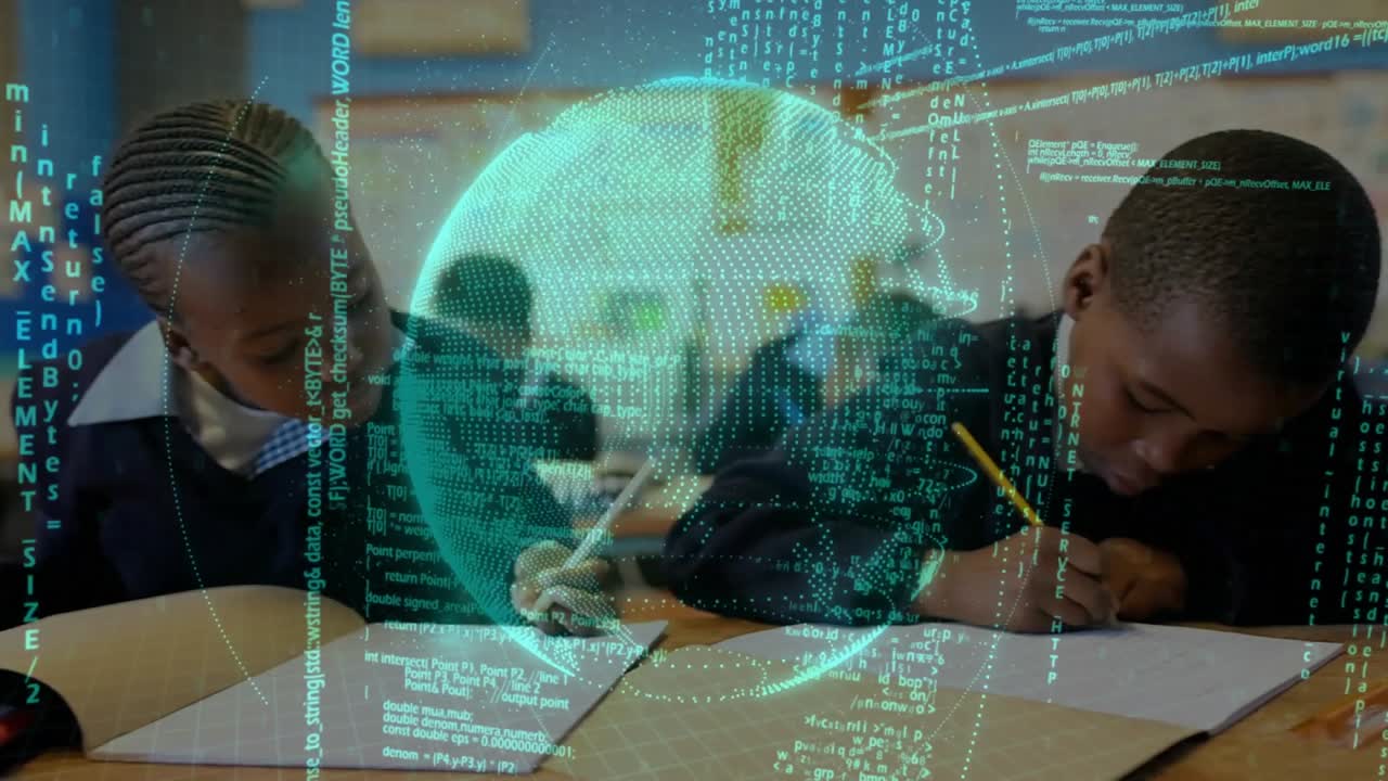 Girl opening textbook and asking classmate question, digital globe overlay guiding learning