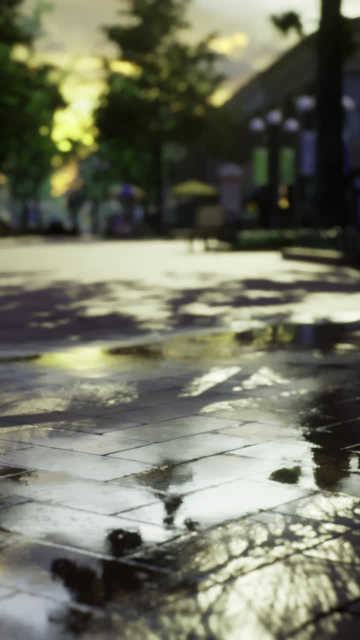 Serene cityscape after rain with glowing sky and blurred lights
