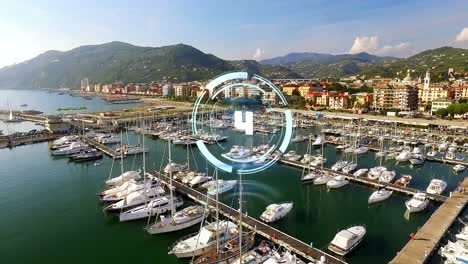 animación de un escáner circular con cuenta atrás sobre los barcos en la moderna ciudad costera de la marina
