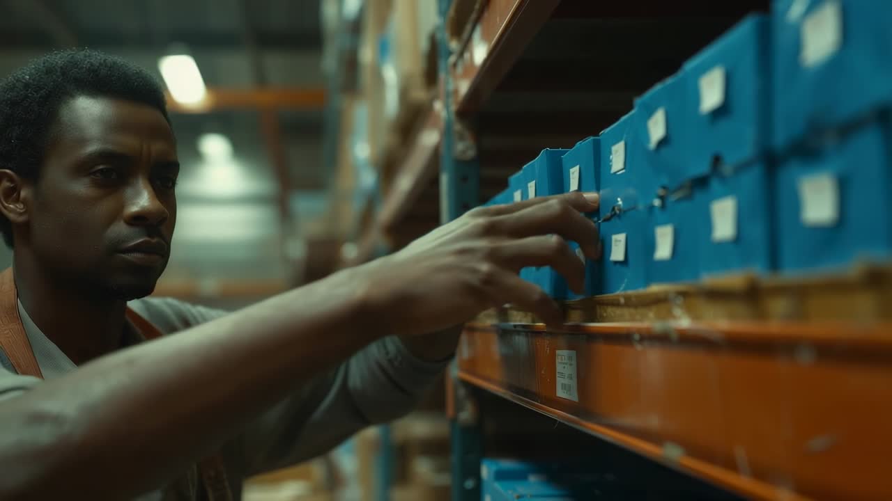 Scanning shelf labels worker retrieving multiple blue bins from metal racks in aisle, copy space