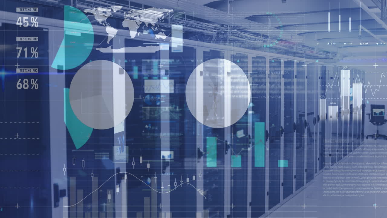 Animation of interface with statistical data processing against computer server room