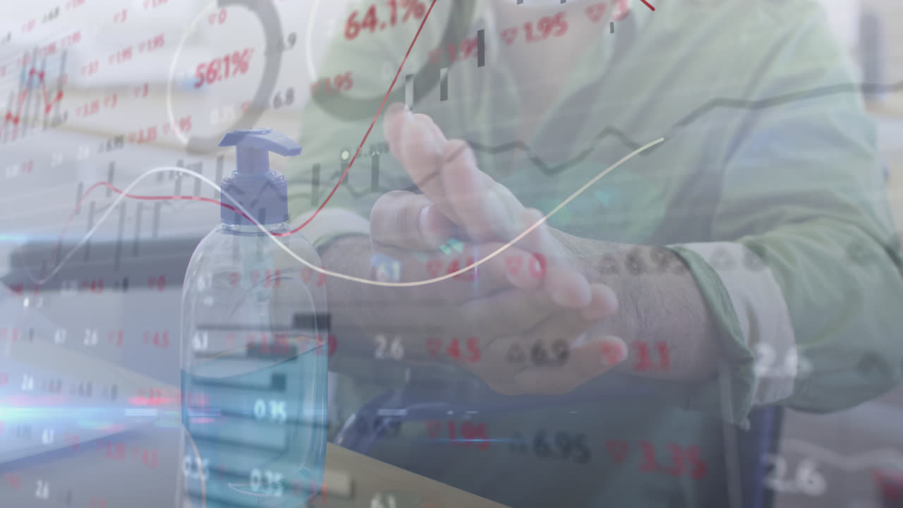 사무실에서 손을 소독하는 사람과 함께 통계를 보여주는 디지털 인터페이스의 애니메이션