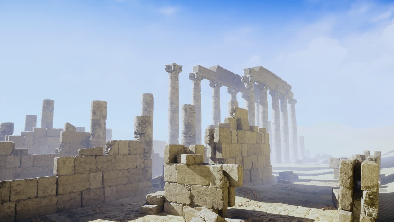 Ancient ruins stand under a blue sky with scattered clouds at midday