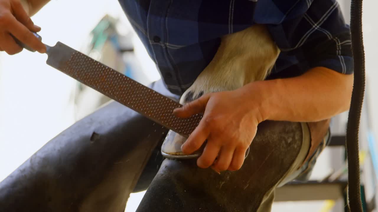 Woman polishing horseshoe at stable