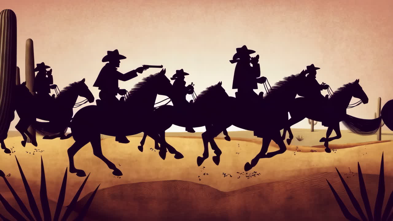 Cowboys riding horses in the desert