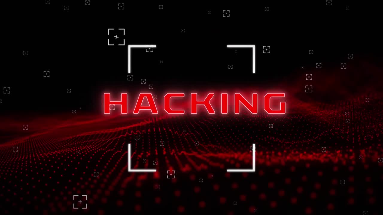Animation of neon hacking text with markers over abstract waving mesh with red spots