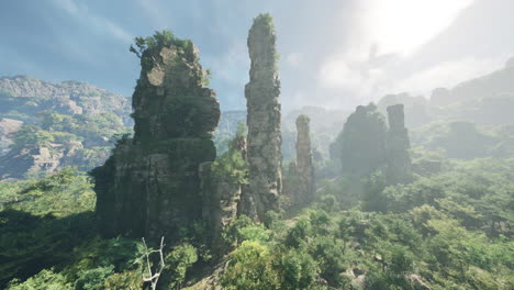 majestic rock formations in a misty mountain valley