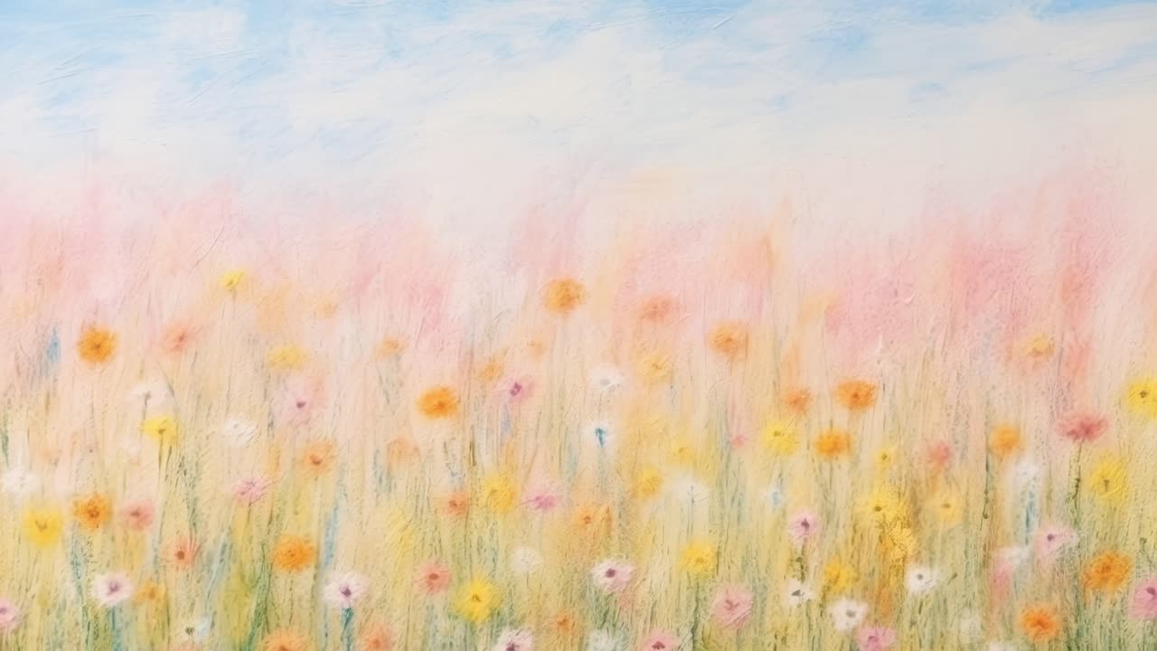 A dreamy, pastel-colored field of flowers under a blue sky, captured from a low angle, perfect