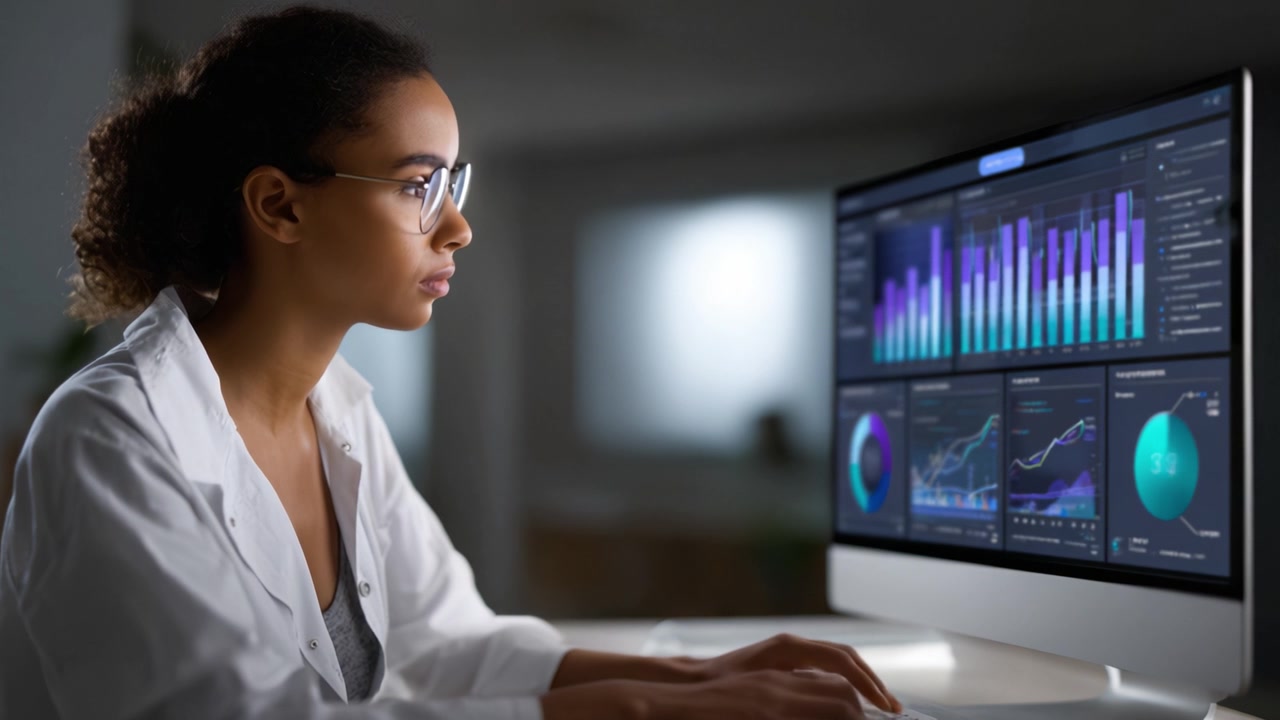 Focused Data Analyst Analyzing Complex Graphs and Visuals on a Computer Screen in a Modern Office Environment, Reflecting Critical Thinking and Insightful Decision-Making