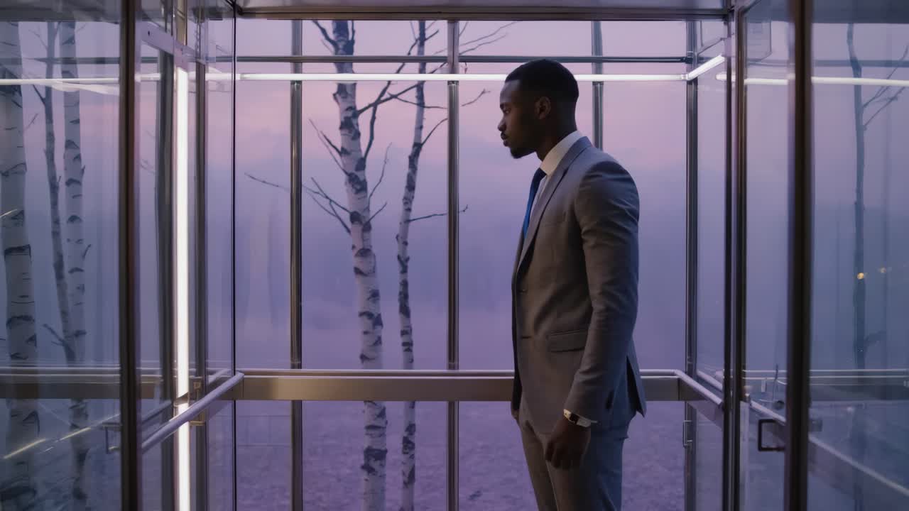 Man in Suit in Glass Elevator with Birch Tree View