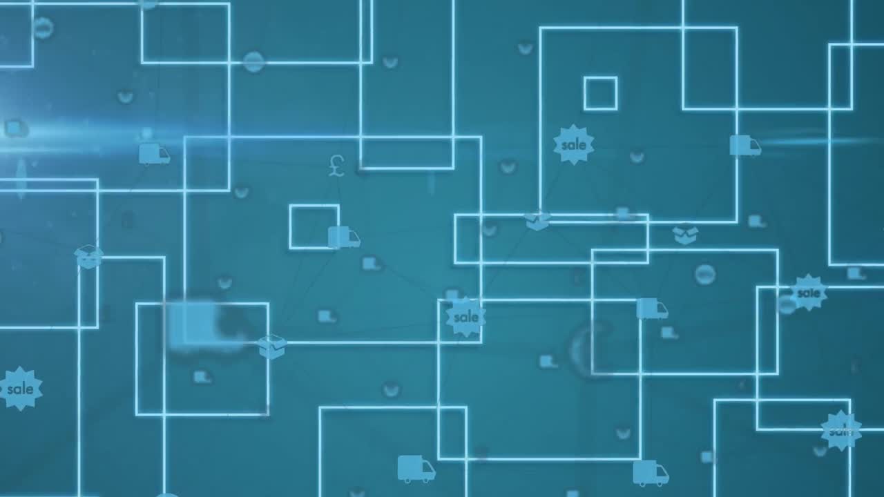 animación de diversos iconos flotando sobre rectángulos en el espacio azul