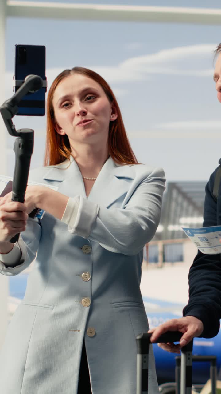 Vertikalvideo: Influencer-Paar dreht Reise-Vlog am Flughafen