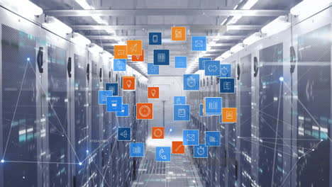 digital icons and data processing animation over server room with racks