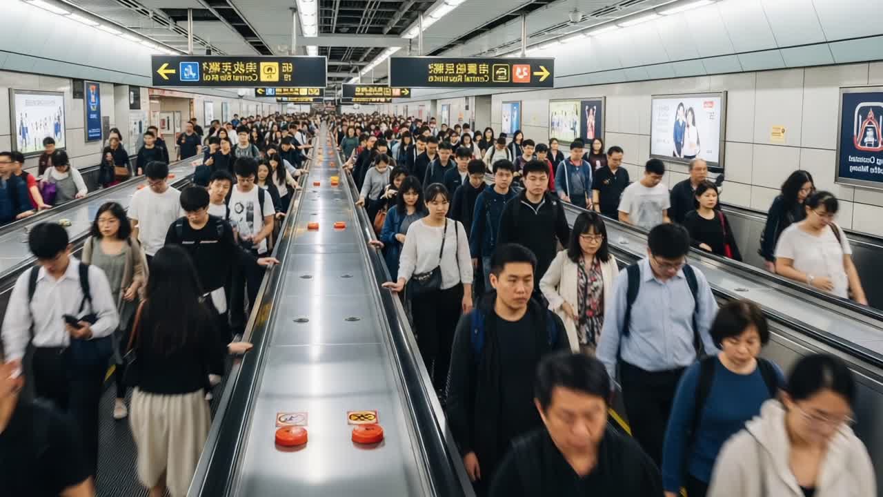 A Busy Urban Transit Scene: Commuters Navigate an Underground Walkway at Peak Hours, Highlighting the Hustle and Bustle of Daily Life in a Modern Cityscape