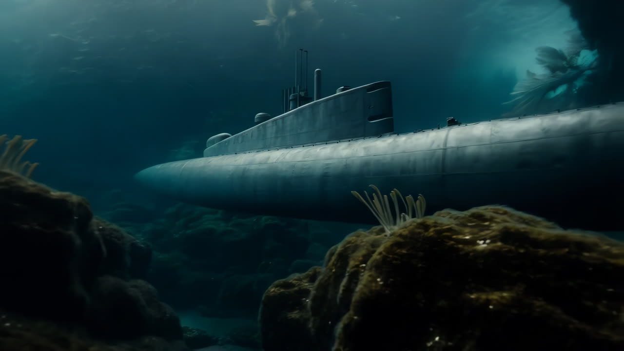 Submarine Gliding Through Dark Ocean Depths Near Coral