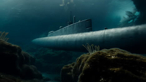 submarine gliding through dark ocean depths near coral