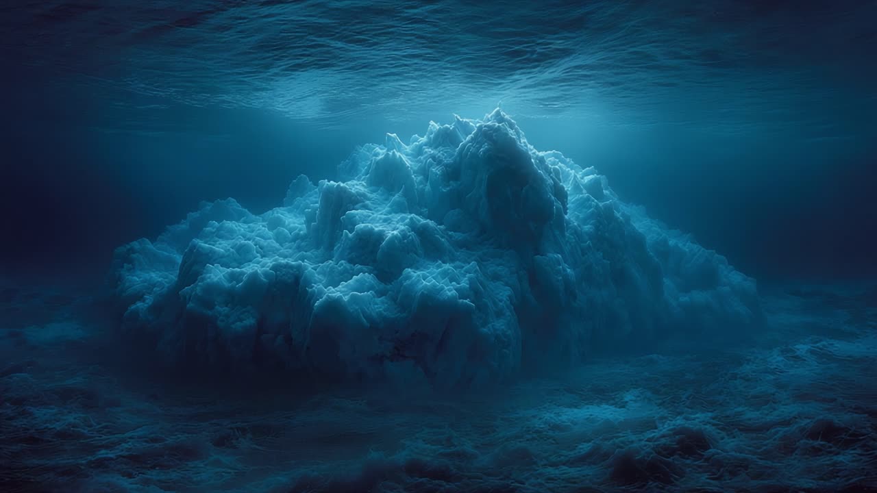 A Majestic Underwater Scene Featuring a Vast, Ethereal Cloud of Foam Illuminated by Soft Blue Light Beneath the Ocean Surface