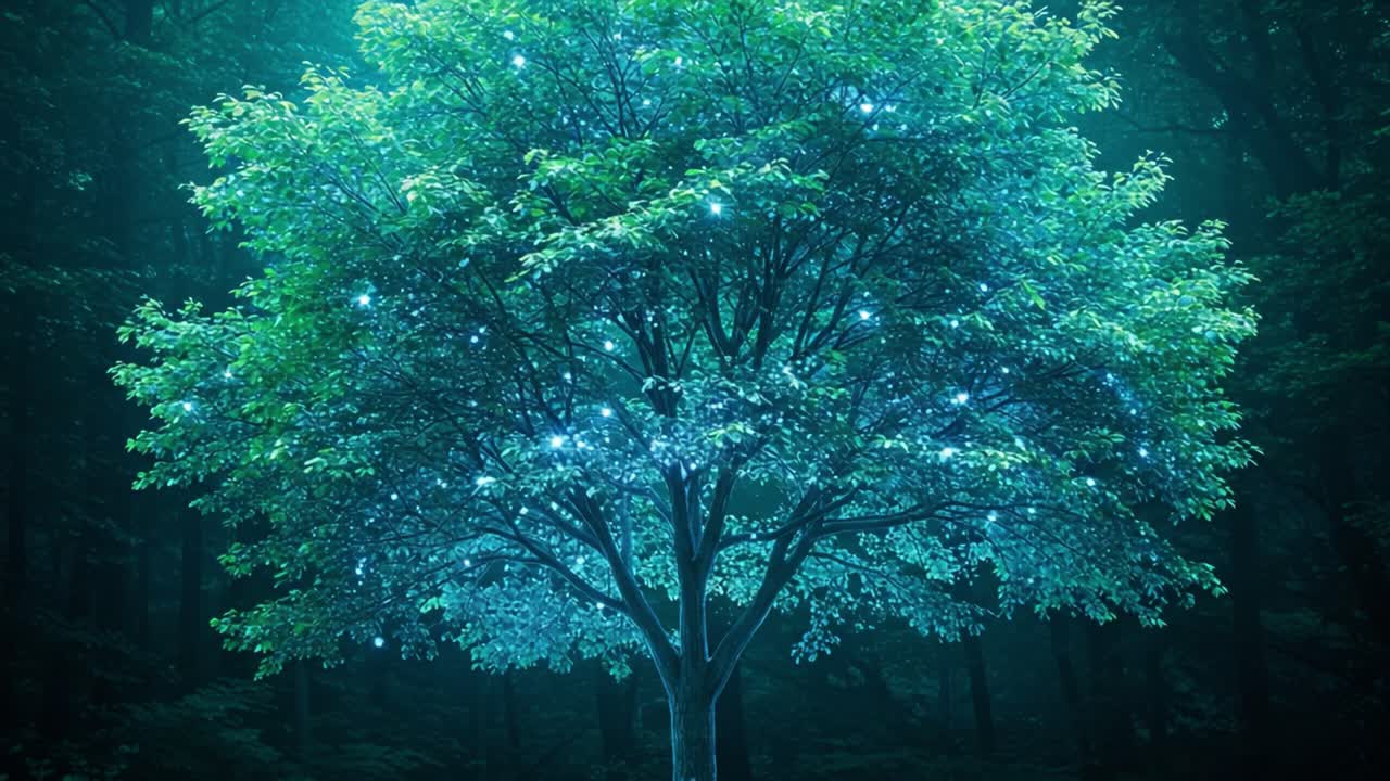 A Majestic Tree Illuminated with Ethereal Lights in a Mystical Forest, Evoking a Sense of Wonder and Tranquility Amidst Nature's Enchantment
