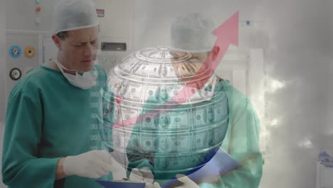 animation of globe formed with american dollar bills over diverse surgeons