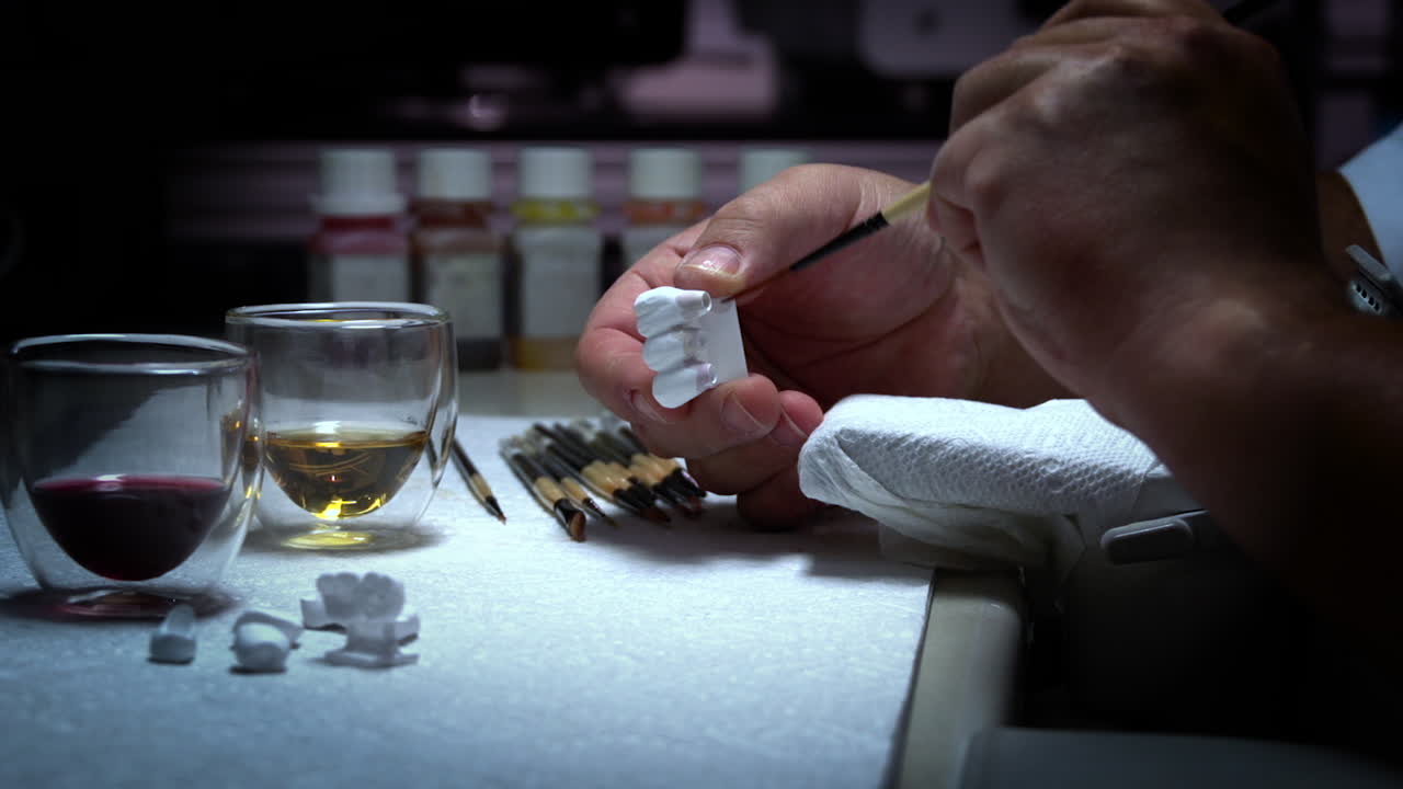 A dental technologist paints partial dentures to mimic the look of real teeth.