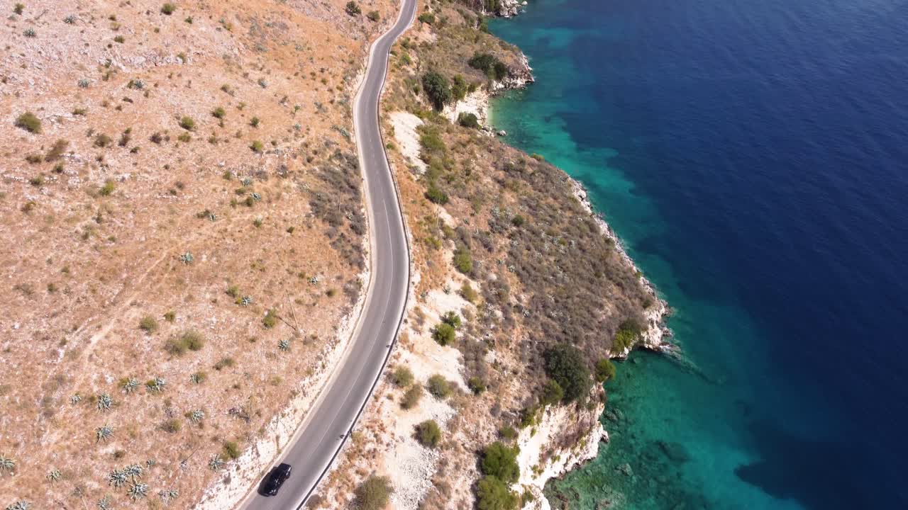 AERIAL Fly-By over a Coastal Mountain Road in Albanian Riviera