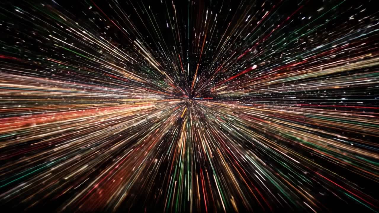 A mesmerizing visual journey through vibrant light streaks and dynamic colors, creating an illusion of speed and depth in a cosmic atmosphere of stars and energy
