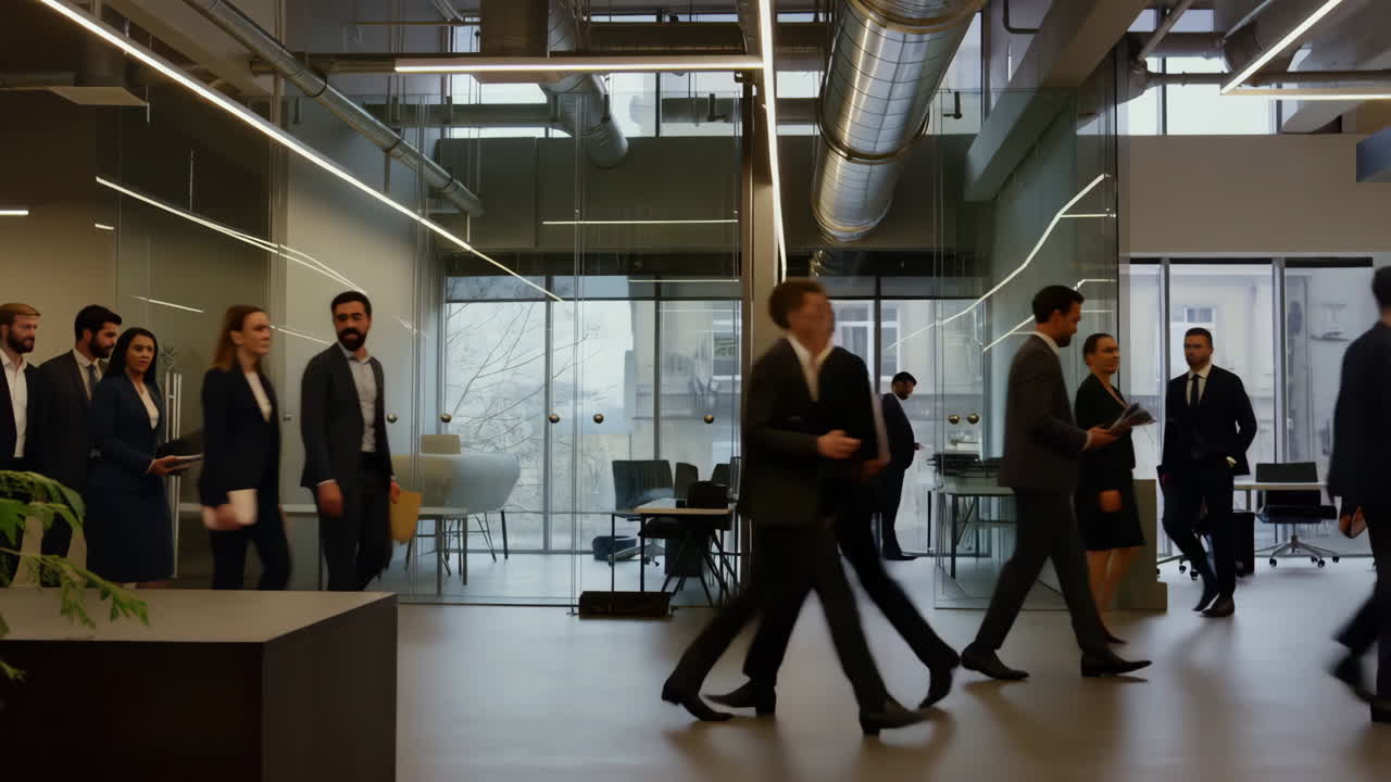 Busy professionals walking through a modern corporate office