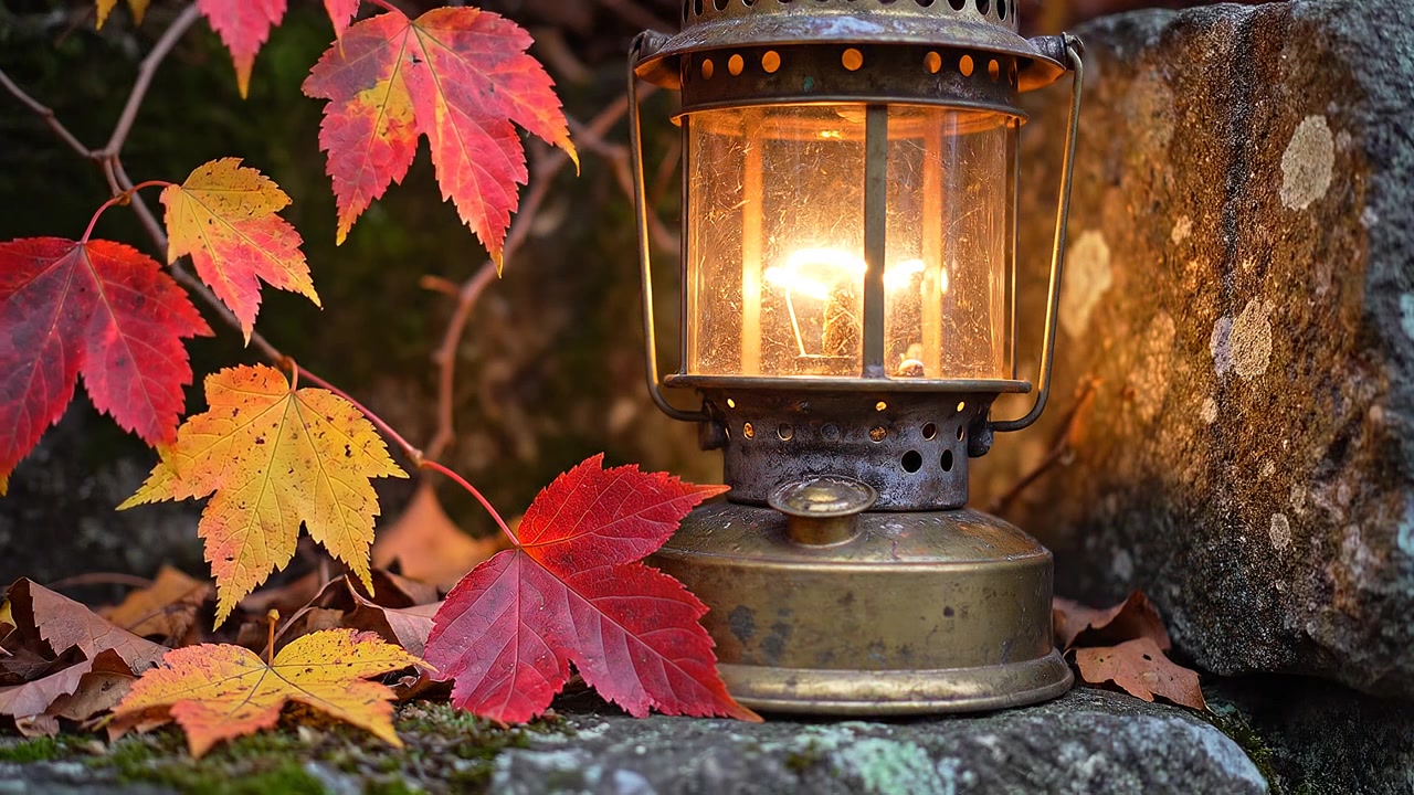 Lanterna vintage luminosa tra vivaci foglie autunnali su un muro di pietra