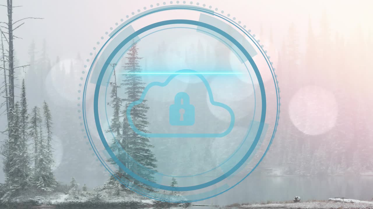 보안을 나타내는 방패 등장 및 텍스트 사라짐, 원형 형성, 클라우드 잠금 표시 나타남