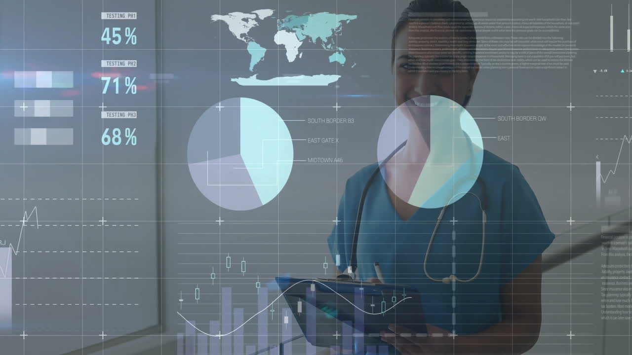 Analyzing medical data, healthcare professional using tablet and holding stethoscope