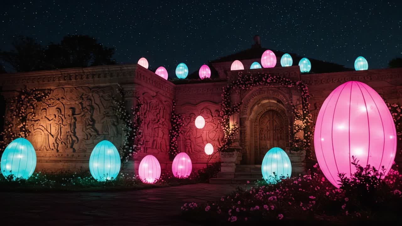 A Magical Night Scene with Colorful Lanterns Illuminating a Garden Space Surrounded by Intricate Stone Carvings Under a Starry Sky