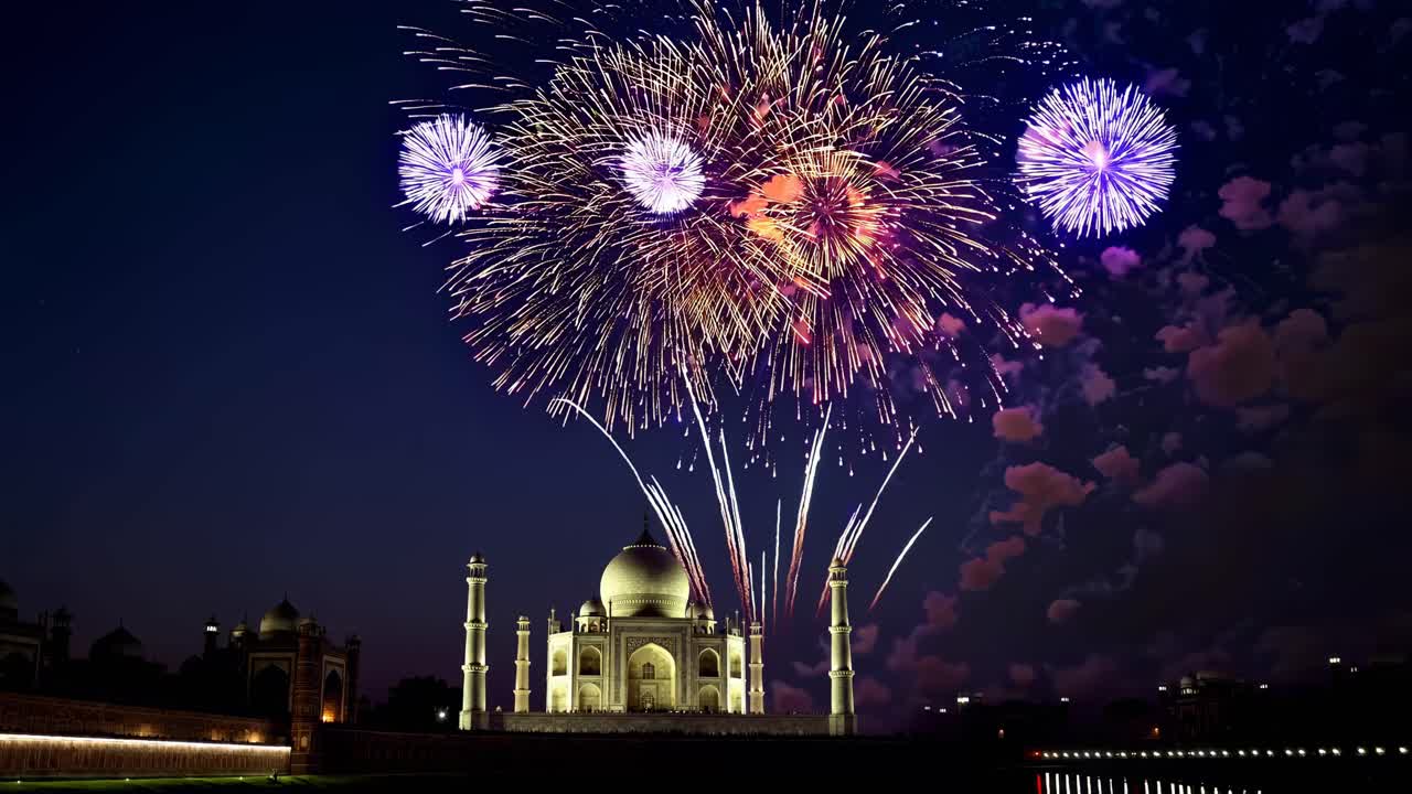 A wide-angle video captures vibrant fireworks illuminating the night sky above the Taj Mahal
