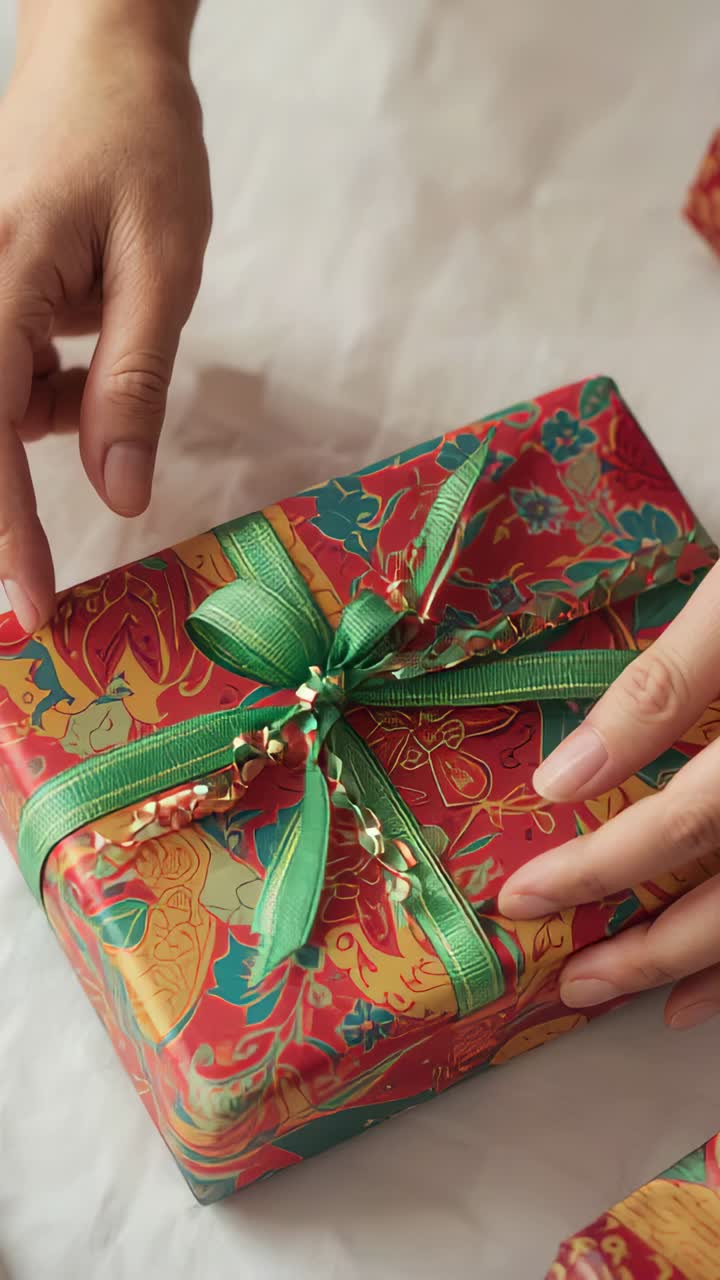 Vertical video: Hovering hands in print top adjusting green ribbon on gift at table making bow neat