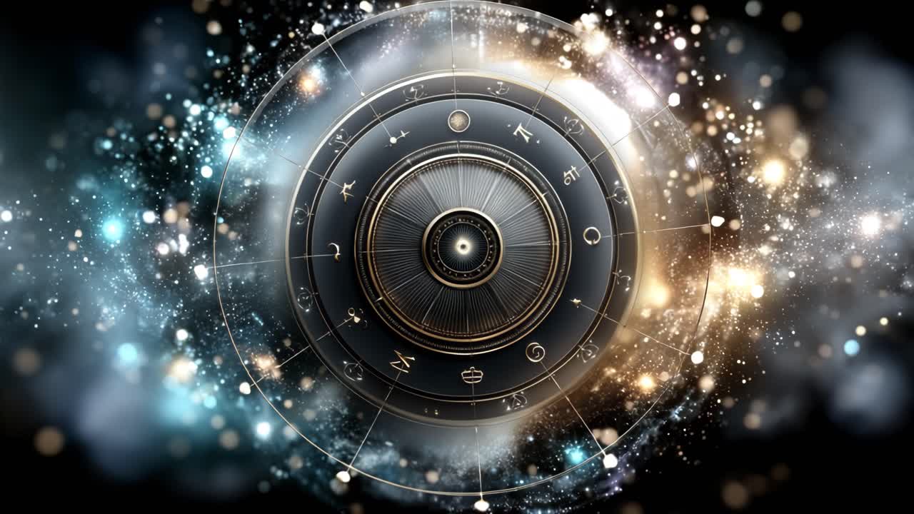 Zodiac signs in space. Cosmic backdrop features a detailed astrological wheel with shimmering elements and zodiac symbols under a starry sky.