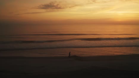 aerial, silhouette of person running on the beach early in the morning during golden hour