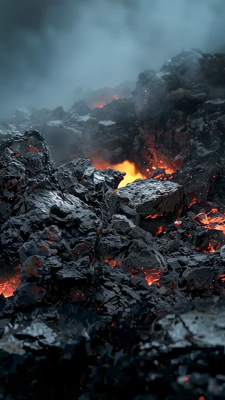 Vertical video: Forming bright molten pocket, lava vent growing and releasing ash at volcanic crust