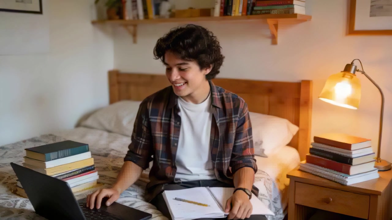 Smiling teen student starting study, typing on laptop and checking notes in bedroom, in plaid shirt