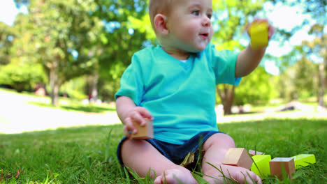 adorable bebé jugando con bloques de construcción en el césped