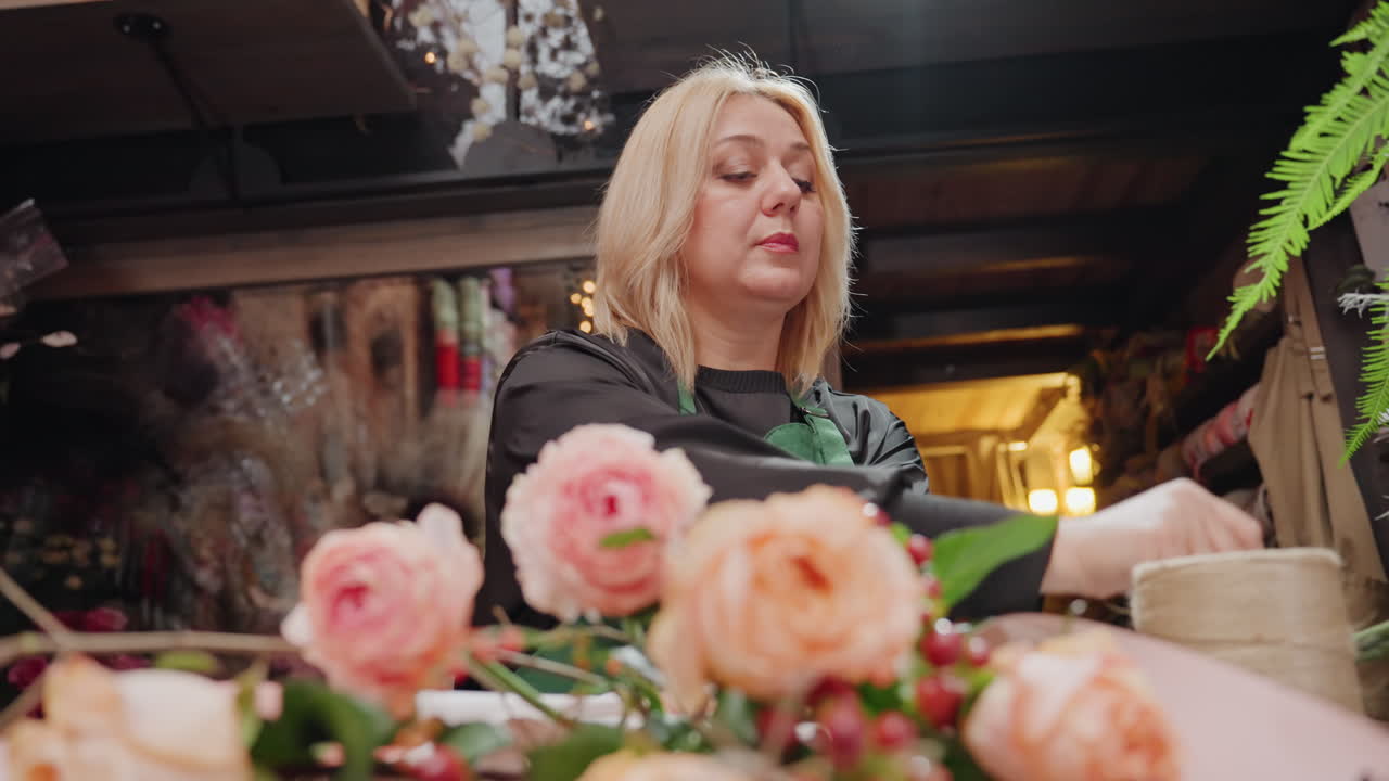 Blond kaukasisk florist inspekterar inslagen bukett, arrangerar persikofärgade rosor på disk inne i mysig butik med varma ljusslingor, grönt förkläde, pappersomslag, band och sax, fokuserade händer som kontrollerar.