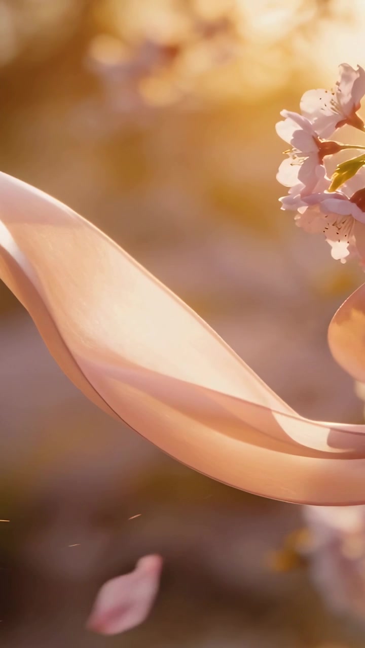 Video verticale: Nastro di raso rosa pallido che scorre e si apre, mentre la brezza solleva i petali di un ciliegio.