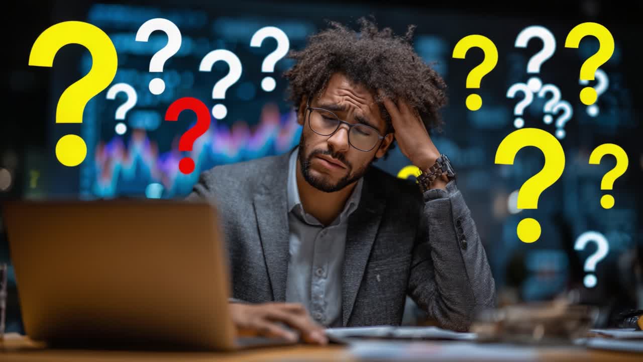 A Deep Dive into Uncertainty: A Professional Faces Challenges as He Analyzes Financial Data with Question Marks Surrounding Him, Signifying Confusion and Insight