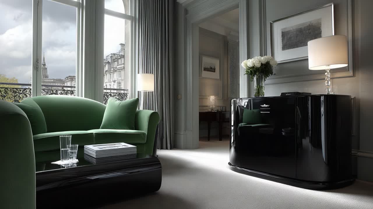 Elegant Modern Living Room with Green Sofa and Stylish Decor Featuring a Black Console, Soft Lighting, and Scenic View Overlooking Beautiful Architecture