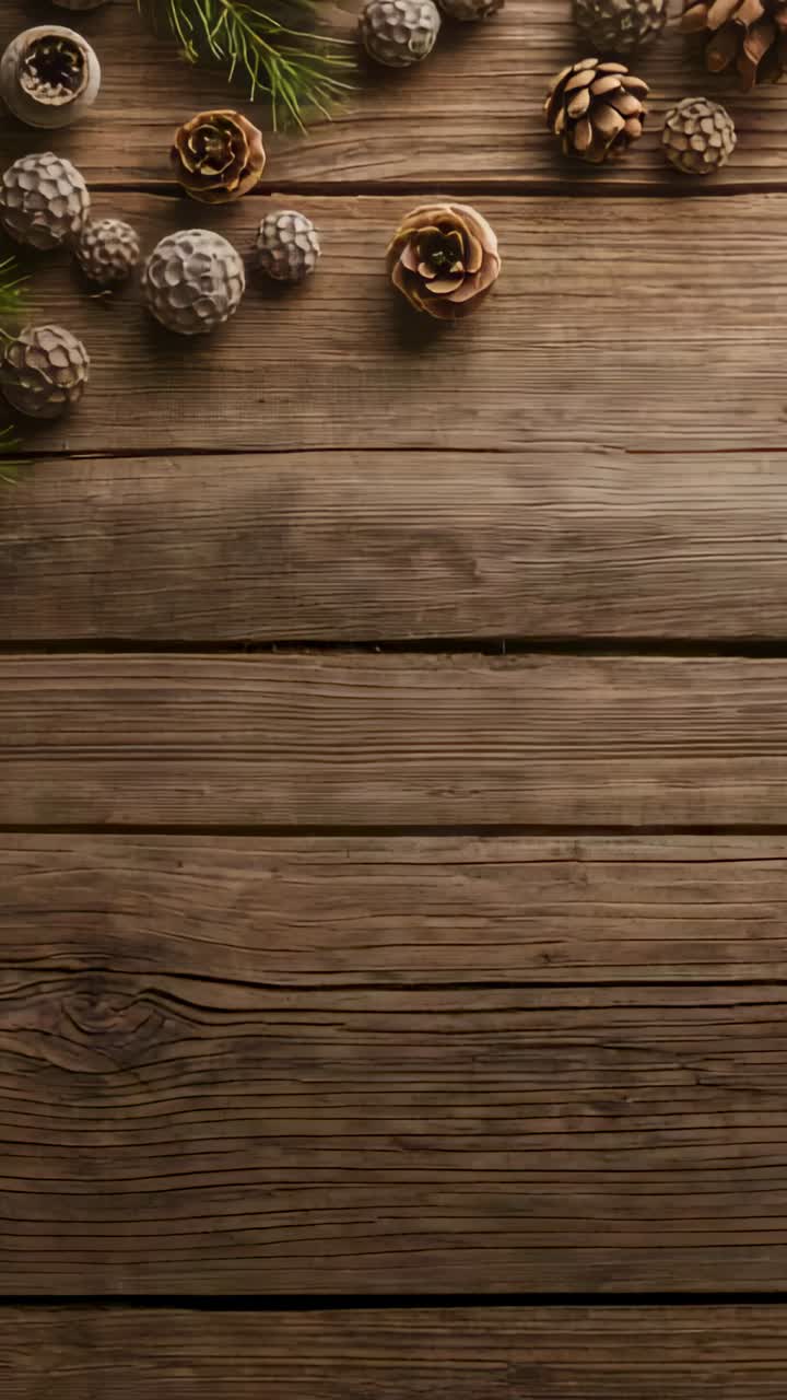 Vertical video: Shifting during play, cones and pods moving on wood table with rose cone and sprig