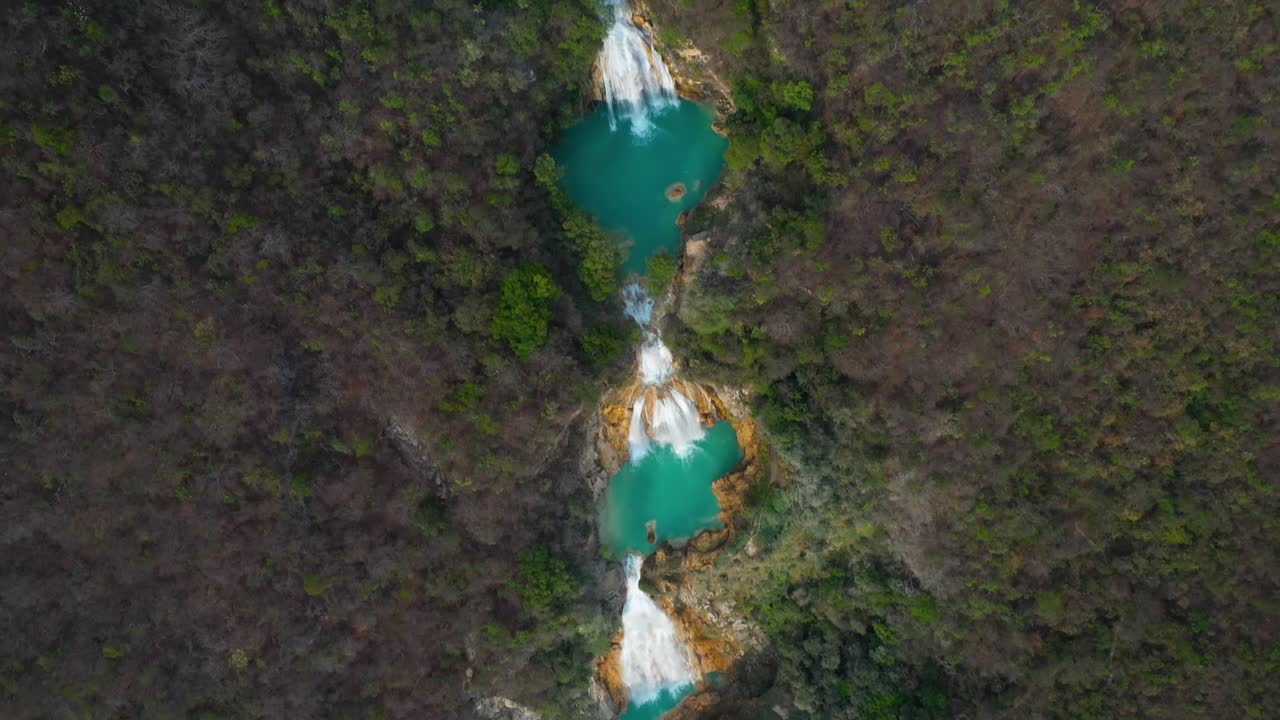 Aereo: cascate messicane in una foresta pluviale tropicale.